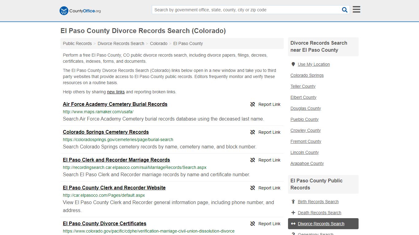 El Paso County Divorce Records Search (Colorado) - County Office